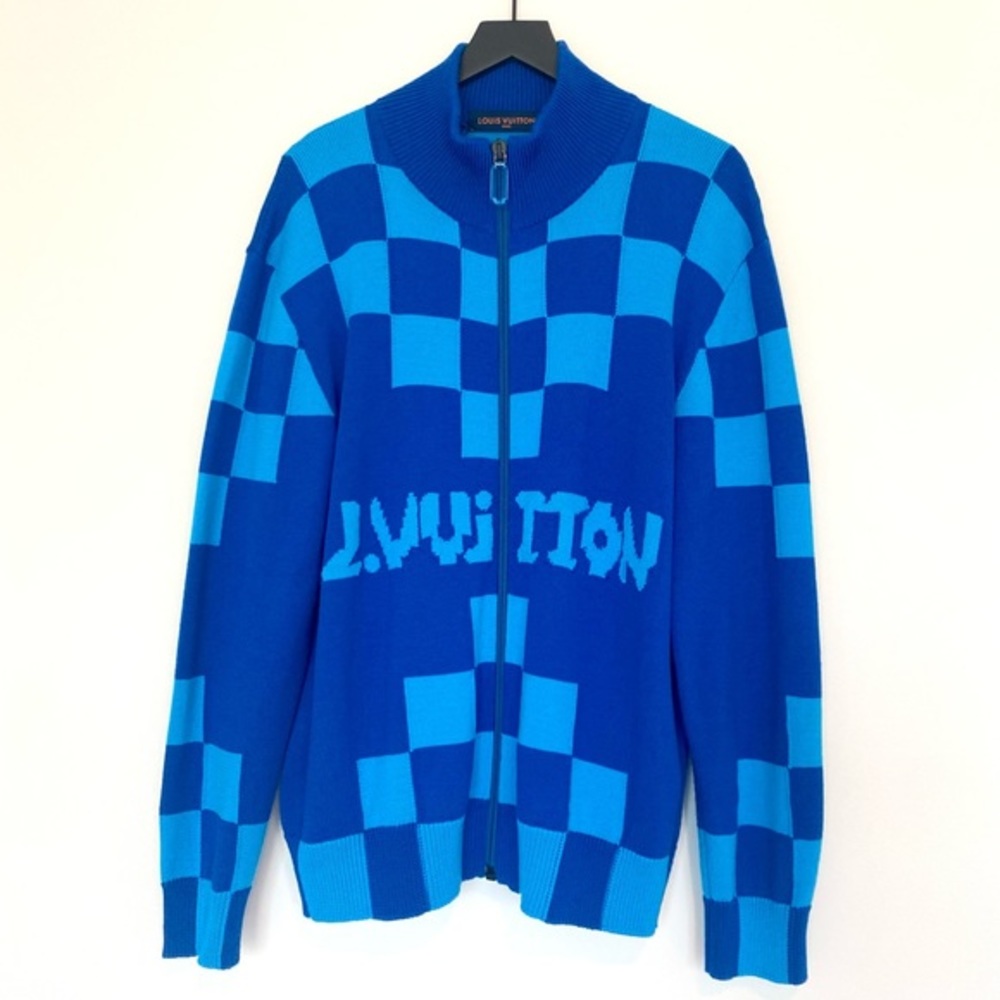 Louis Vuitton Sweater Wool Zipup Jacket Blue LV Knit Damier Mens Large Virgil